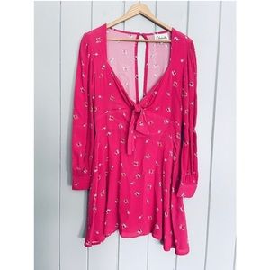 Cleobella Dress Pink Floral Mini Tie Front Long Sleeve Open Back, Small
